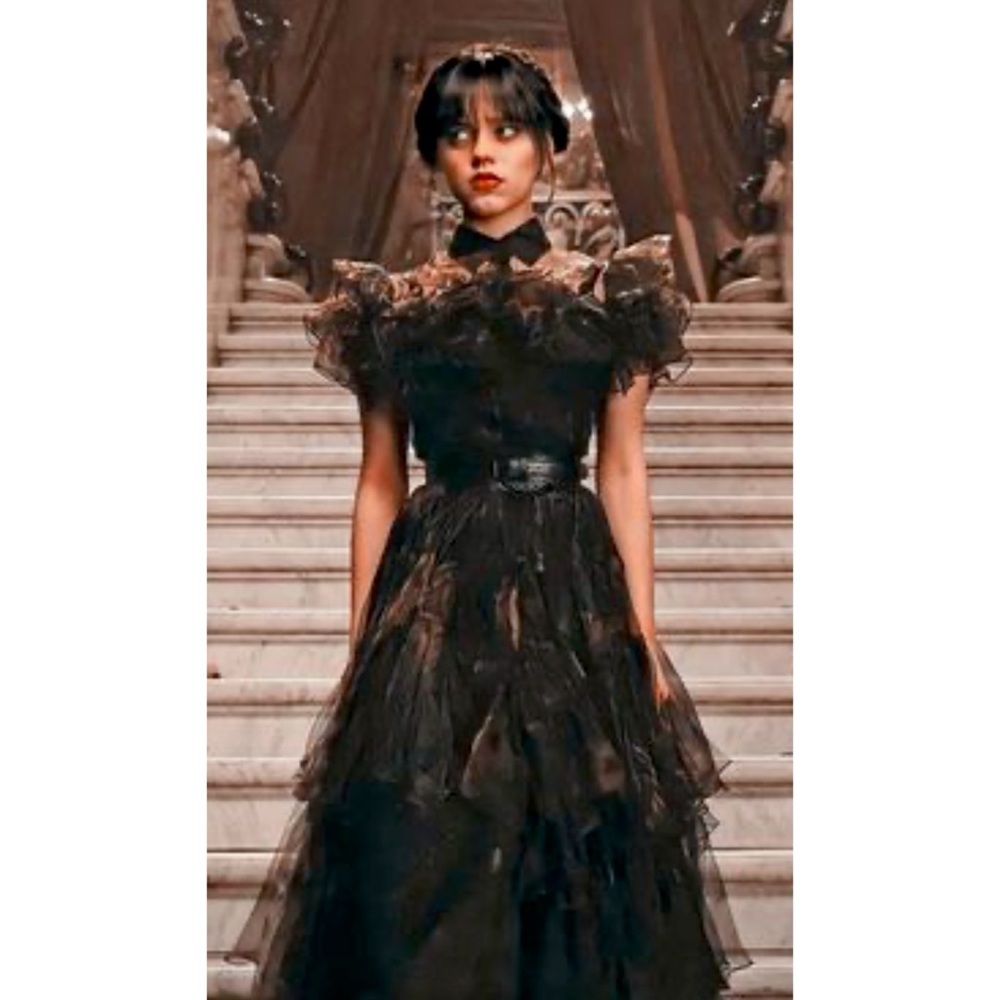 Black Ruffle Tiered Organza Sheer Wednesday Addams Dress Girls 12-14